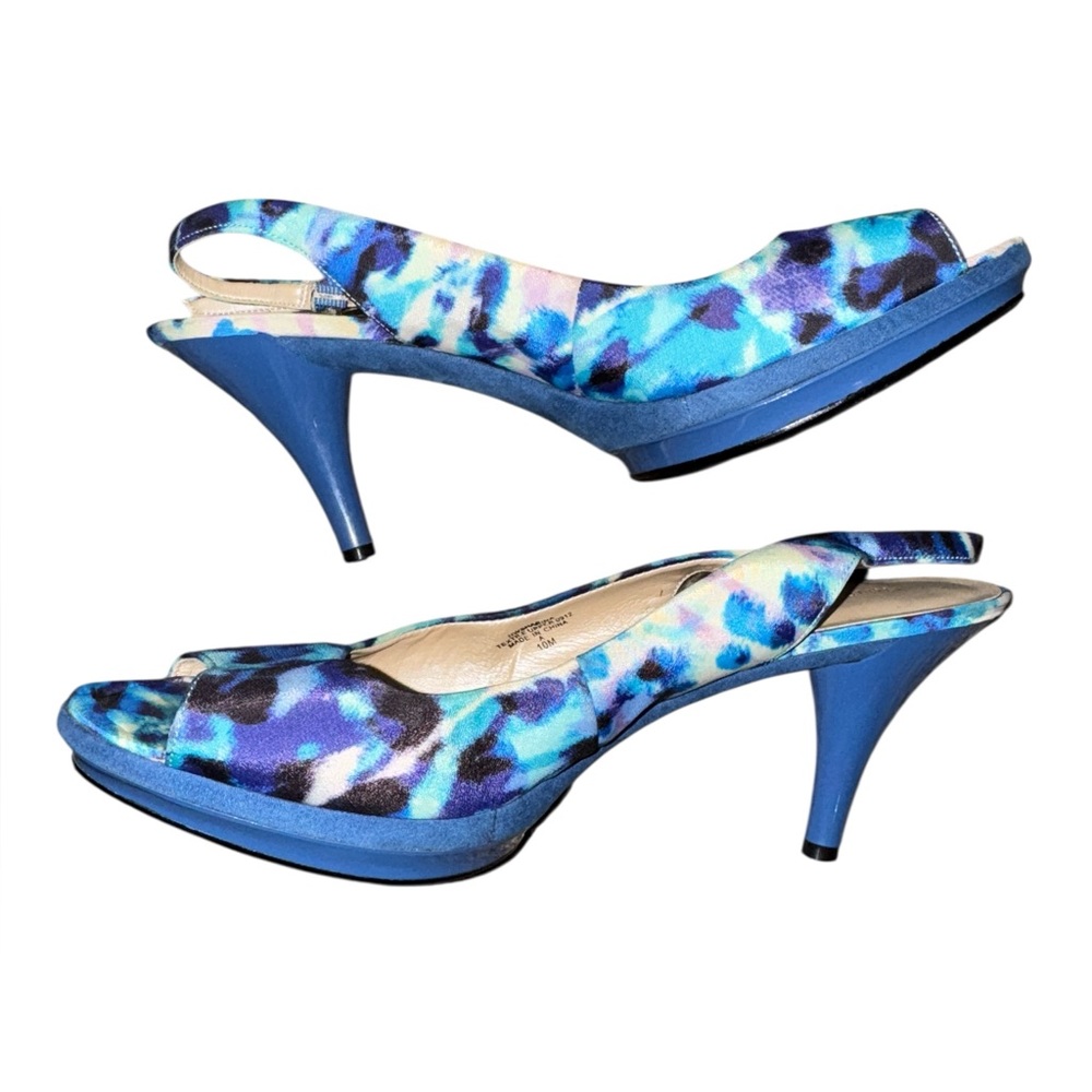 Nine West Blue Multi-Print Tie Dye Wild Print Peep-Toe Slingback Heels Size 10 - Picture 5 of 10